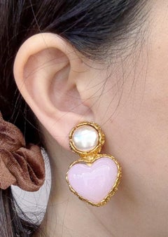 Chanel Collection 28 Gripoix Pink Heart Clip-On Earrings with Pearl Top, 1990s