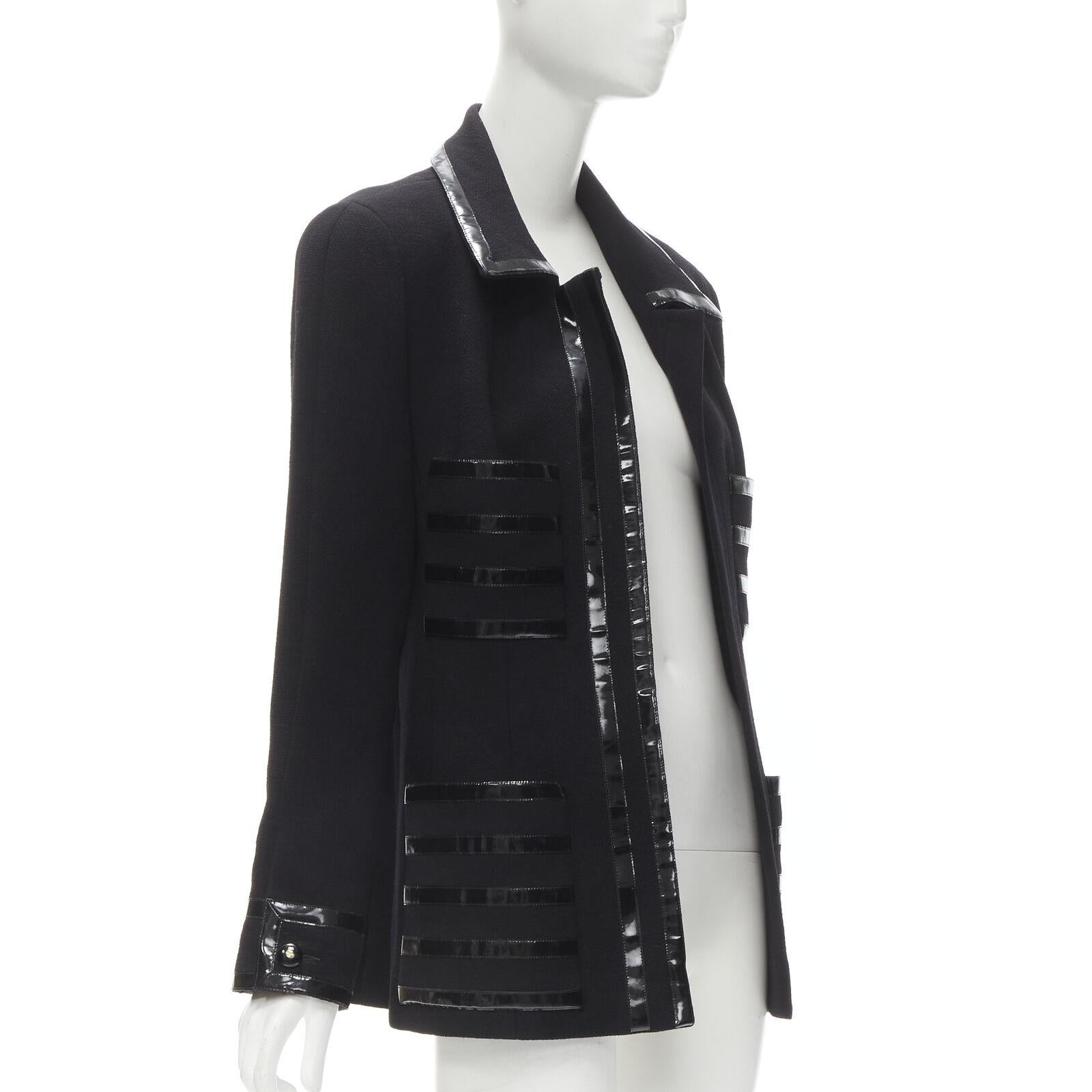 CHANEL Collection 29 92P Vintage wool crepe patent trim 4-pocket jacket FR44 2XL In Good Condition In Hong Kong, NT