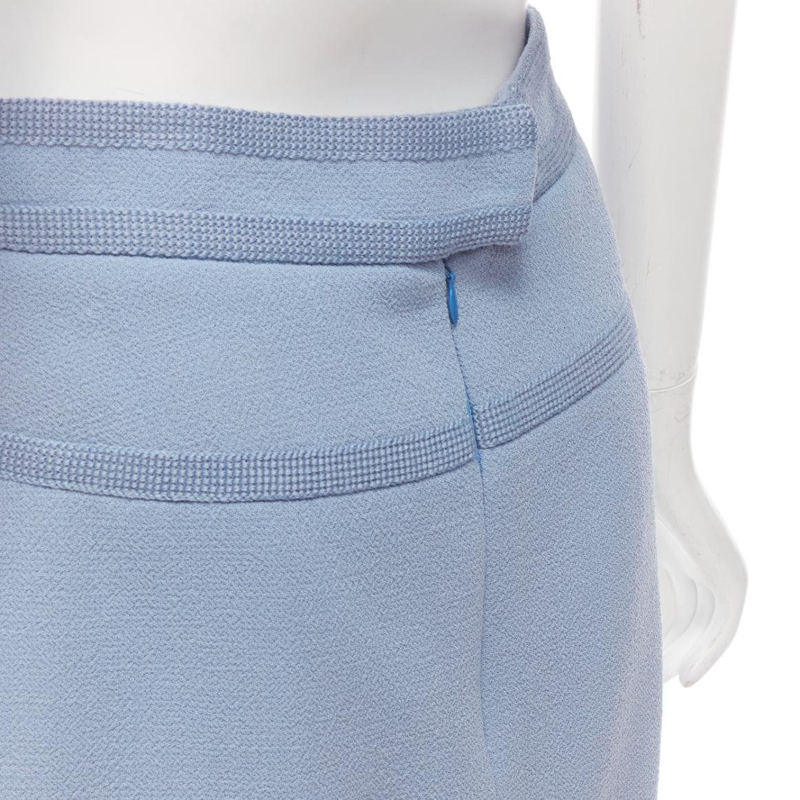 CHANEL Collection28 powder blue 100% wool silk lined trimmed mini skirt FR38 M
Reference: CNLE/A00258
Brand: Chanel
Collection: Collection28
Material: Wool
Color: Blue
Pattern: Solid
Closure: Zip Fly
Lining: Blue Silk
Extra Details: Back zip. Lined