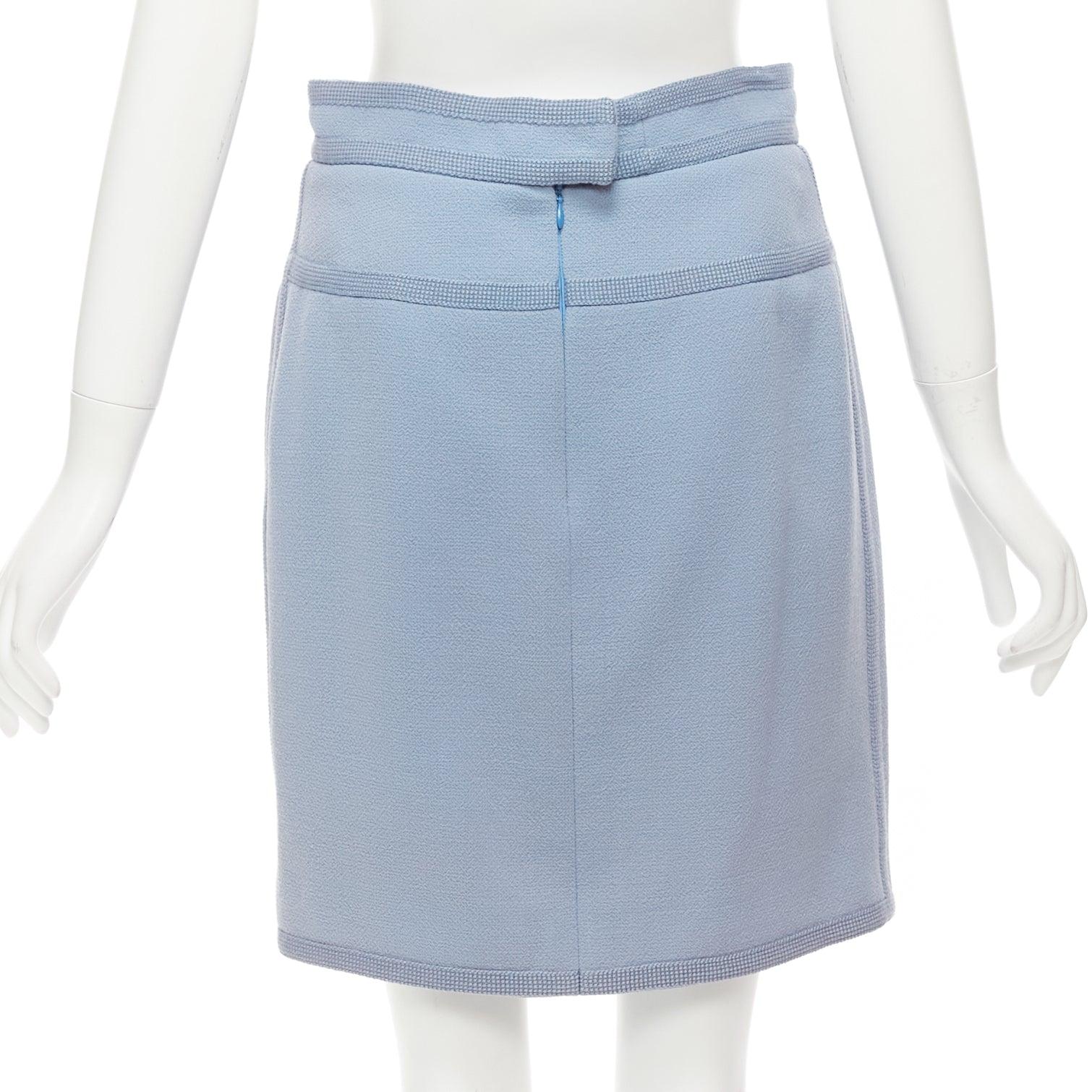 CHANEL Collection28 powder blue 100% wool silk lined trimmed mini skirt FR38 M For Sale 1