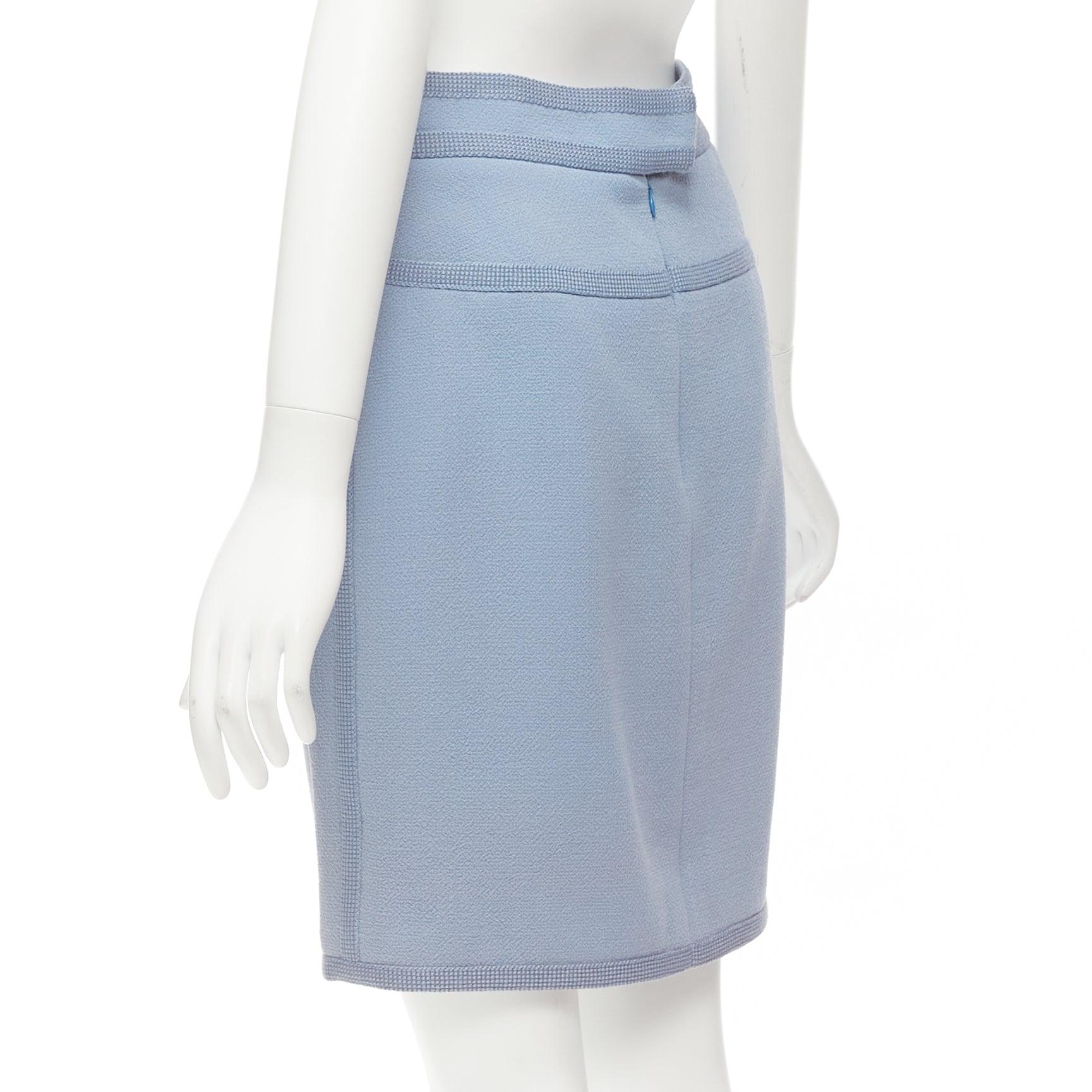 CHANEL Collection28 powder blue 100% wool silk lined trimmed mini skirt FR38 M For Sale 2