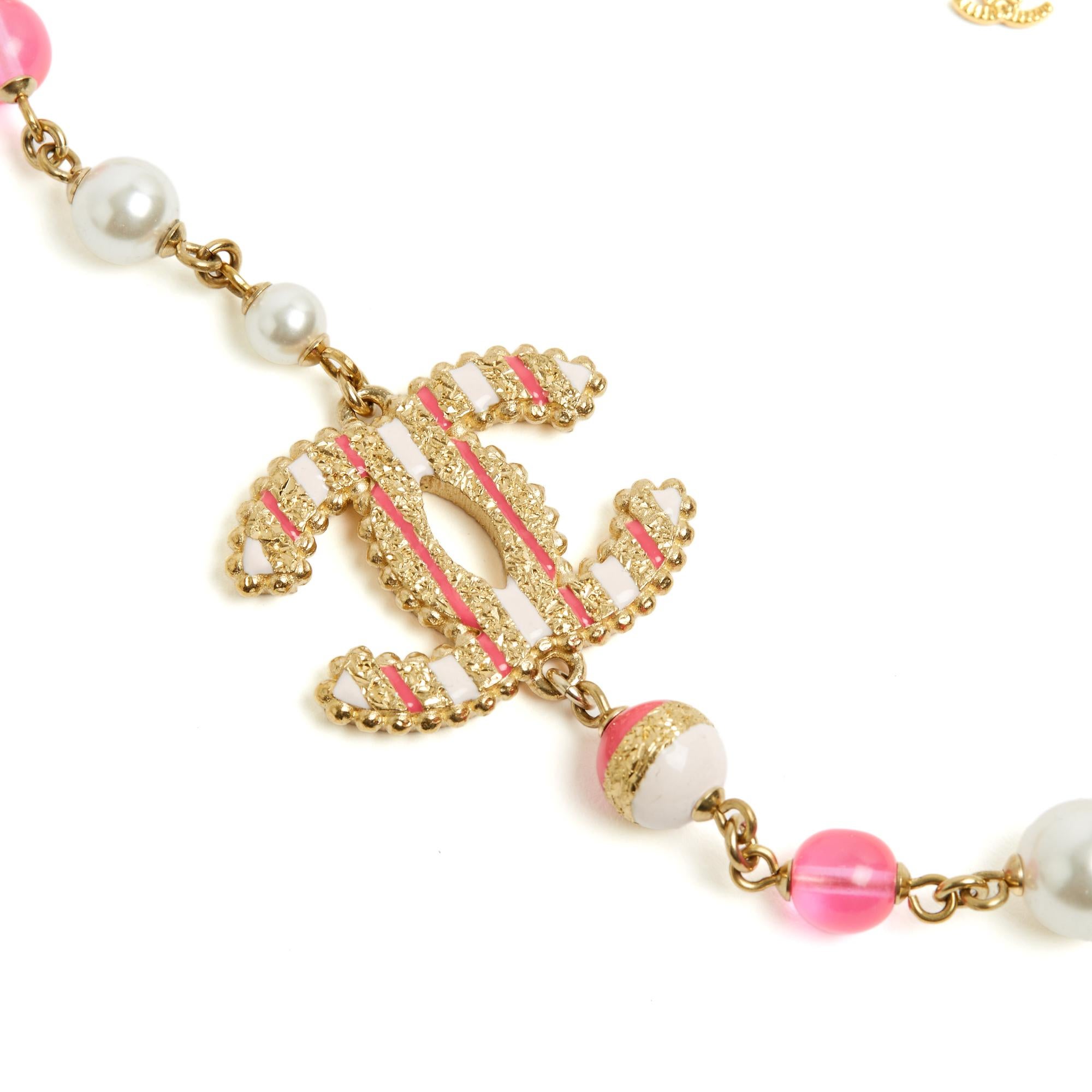 Chanel Collier Sautoir 2024 Pink Striped CC String Necklace Pristine In Excellent Condition In PARIS, FR