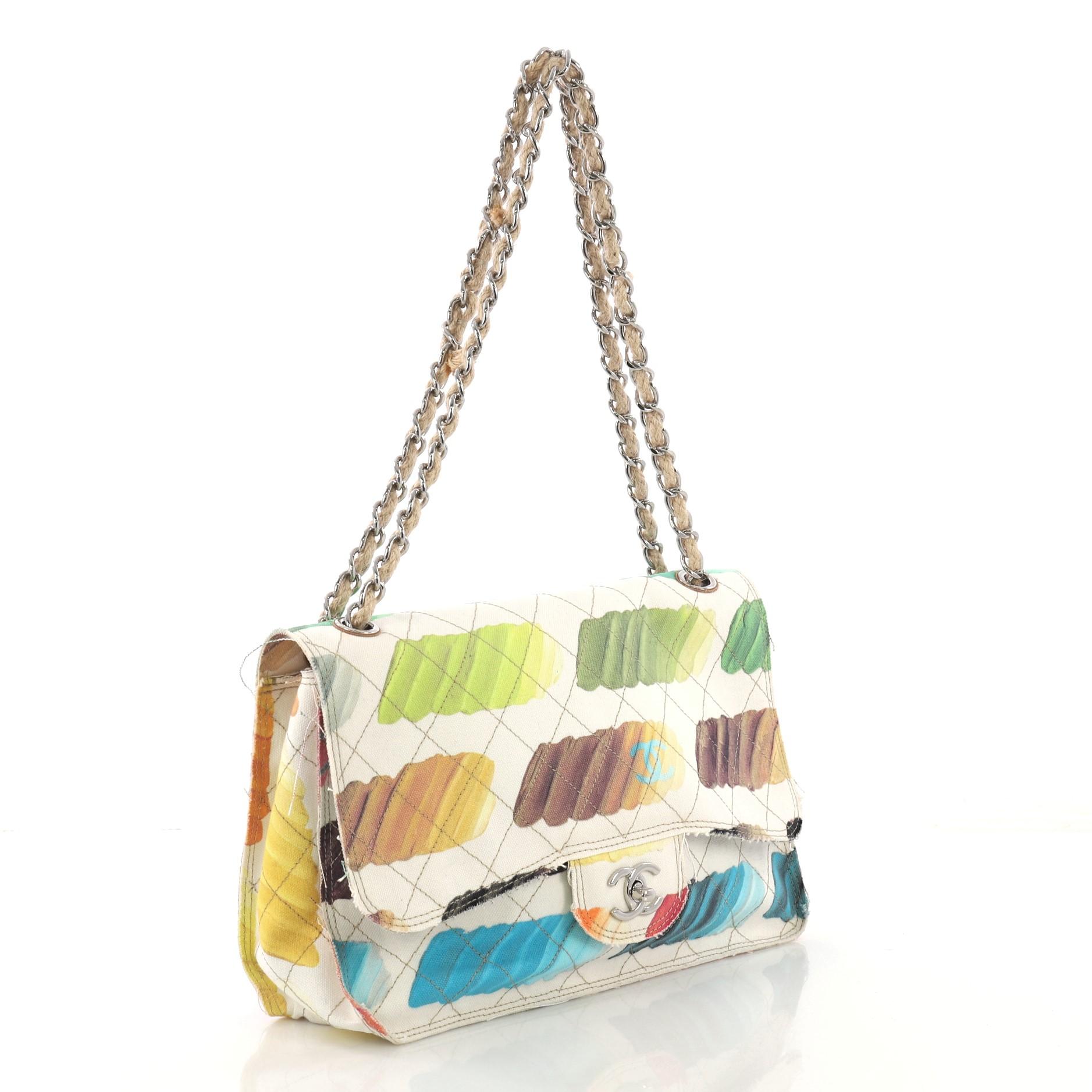 Beige Chanel Colorama sac à rabat matelassé toile aquarelle Jumbo