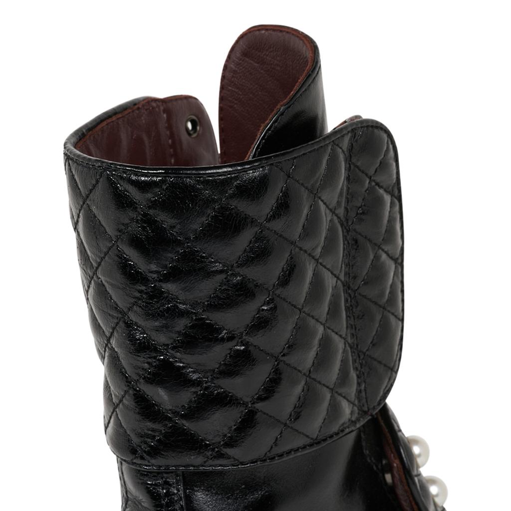 Black Chanel Combat Boot 3/4 Tall Quilted / Pearls / Chain 39 /9 Box