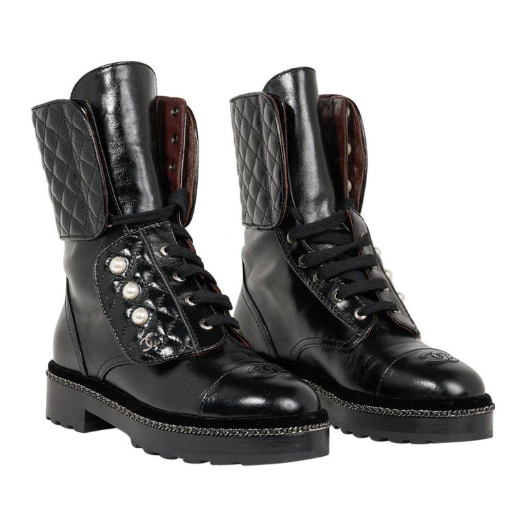 Chanel Combat Boot 3/4 Tall Quilted / Pearls / Chain 39 /9 Box at 1stDibs | chanel  combat boots, chanel boots combat, chanel 9 boots