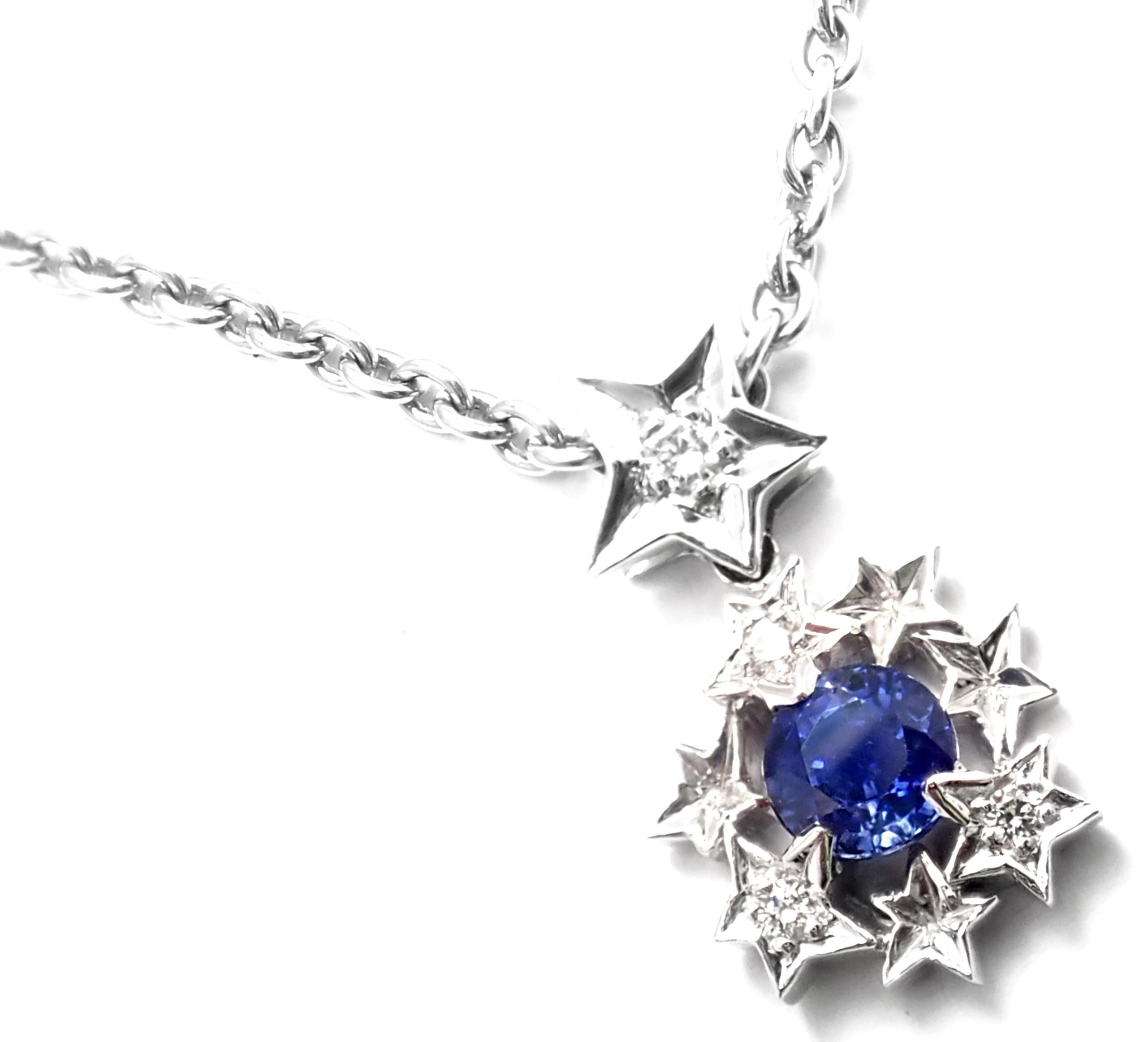 18k White Gold Diamond And Sapphire Comete Star Pendant Necklace by Chanel. 
With 4 round brilliant cut diamond VVS1 clarity, E color total weight approx. .10ct
1 round sapphire total weight approx. .50ct
Details: 
Length: 16