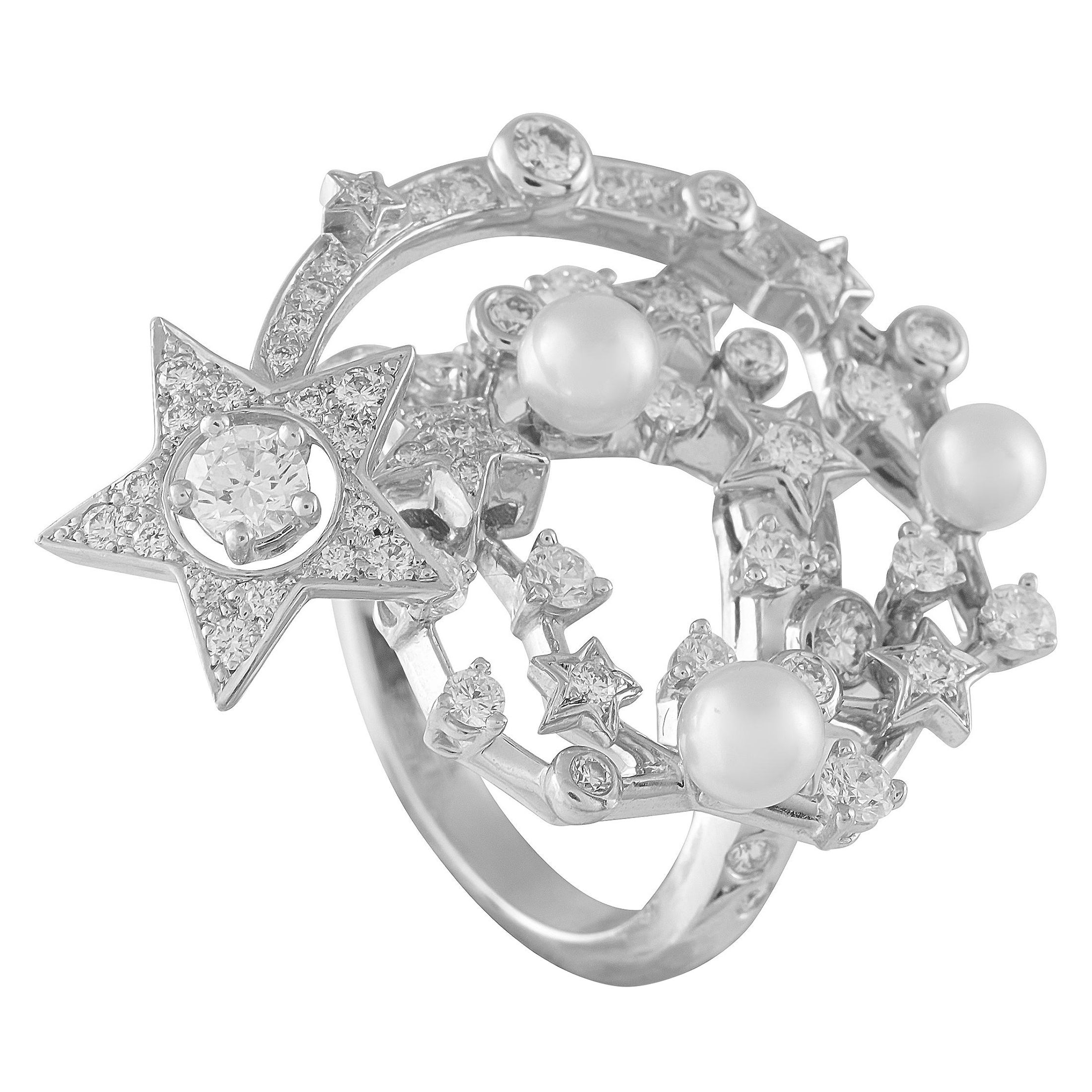 Chanel Comete 18K White Gold 1.25ct Diamond and Pearl Ring im Angebot