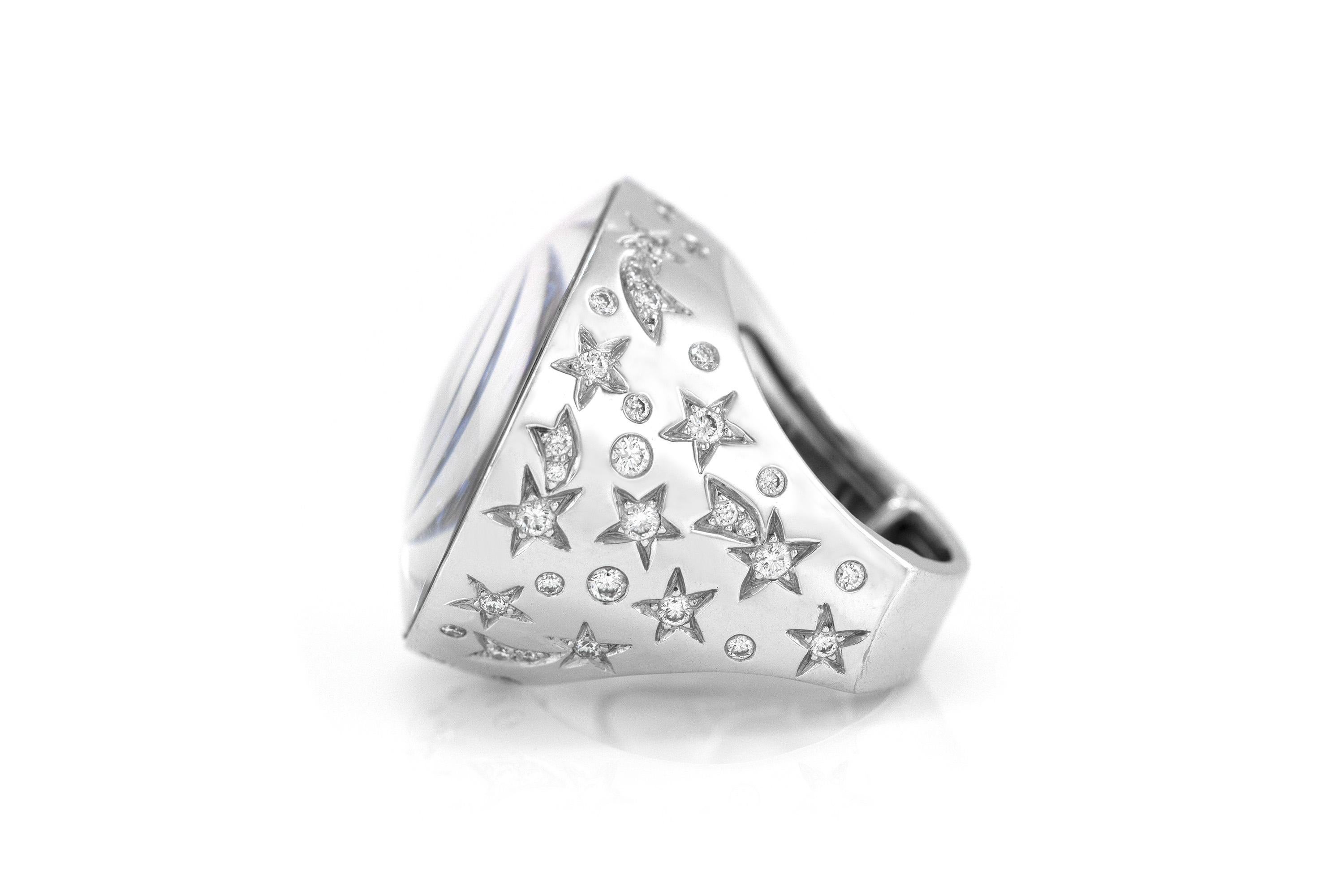 Finely crafted in 18k white gold with Diamonds weighing a total of 1.72 carats and Sapphires weighing a total of 5.67 carats.
Signed by Chanel, from their Comete Collection
Size 6
Comes with its Certificate of Authenticity