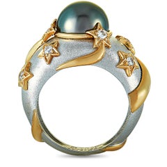 Chanel Comète Diamond and Black Pearl White and Yellow Gold Band Ring