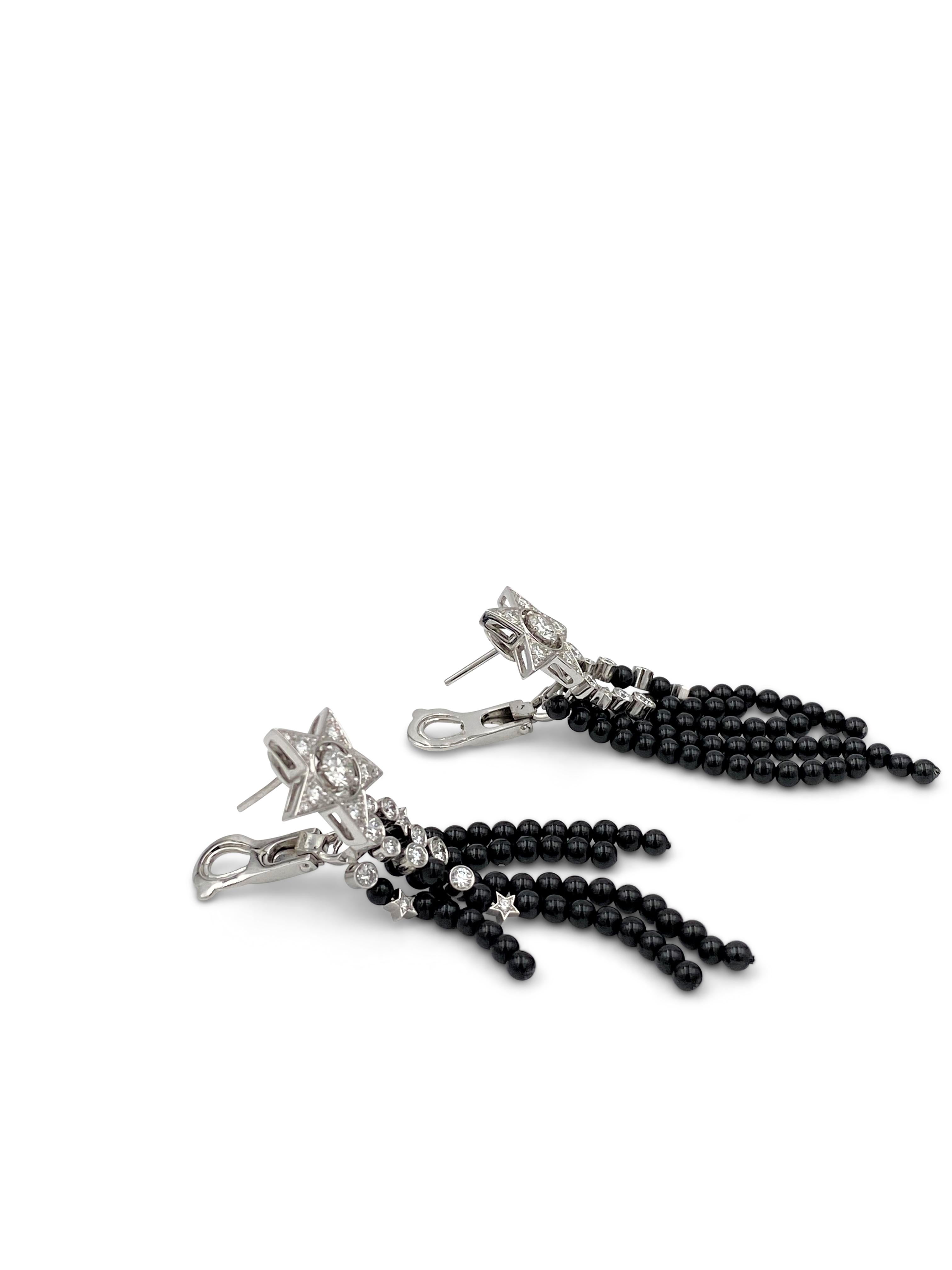 A show-stopping pair of Chanel earrings from the Comète collection. Crafted in 18 karat white gold, the earrings feature a star set with an estimated 1.20 carats of high quality (E-F, VS) round brilliant cut diamonds with a trail of black spinel