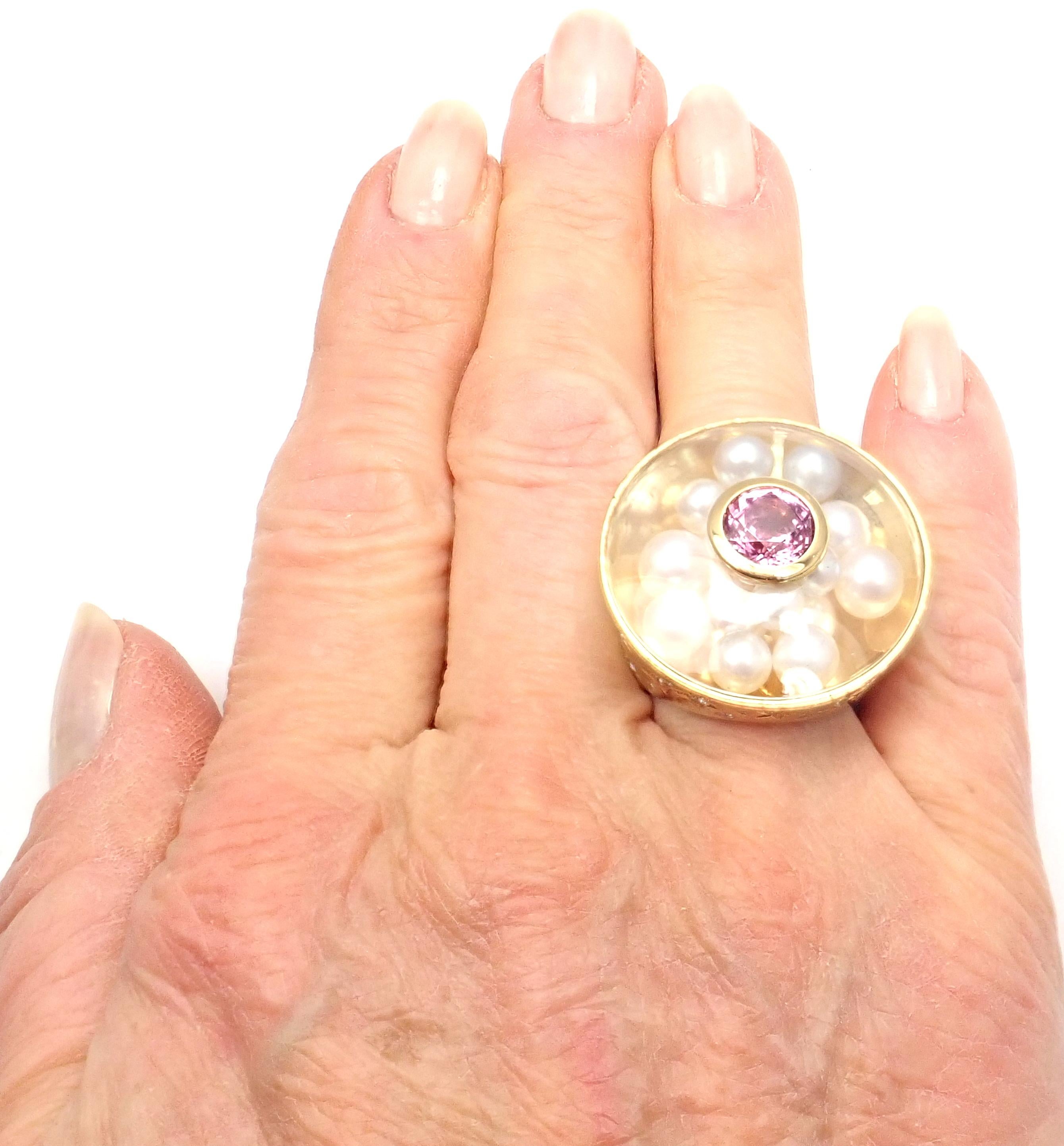 Brilliant Cut Chanel Comete Diamond Pink Sapphire Pearl Large Yellow Gold Ring