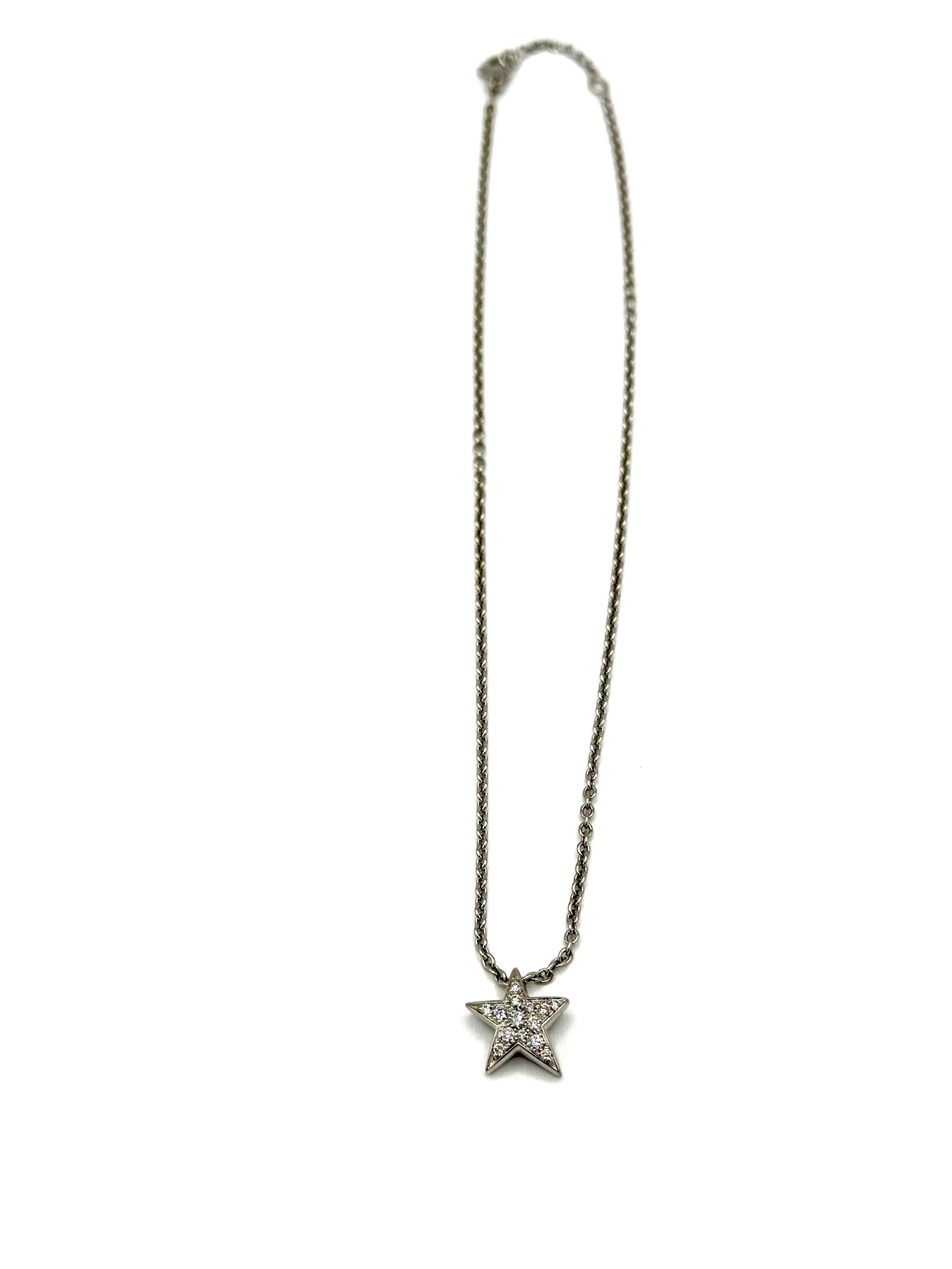 18k White Gold Diamond Comete Star Pendant Necklace by Chanel.
With 14 Diamonds, VVS1 Clarity, F Color. Total Diamond Weight: .30 Carats.  The necklace is 16.00 inches in length.  The Back of the Star is Signed 