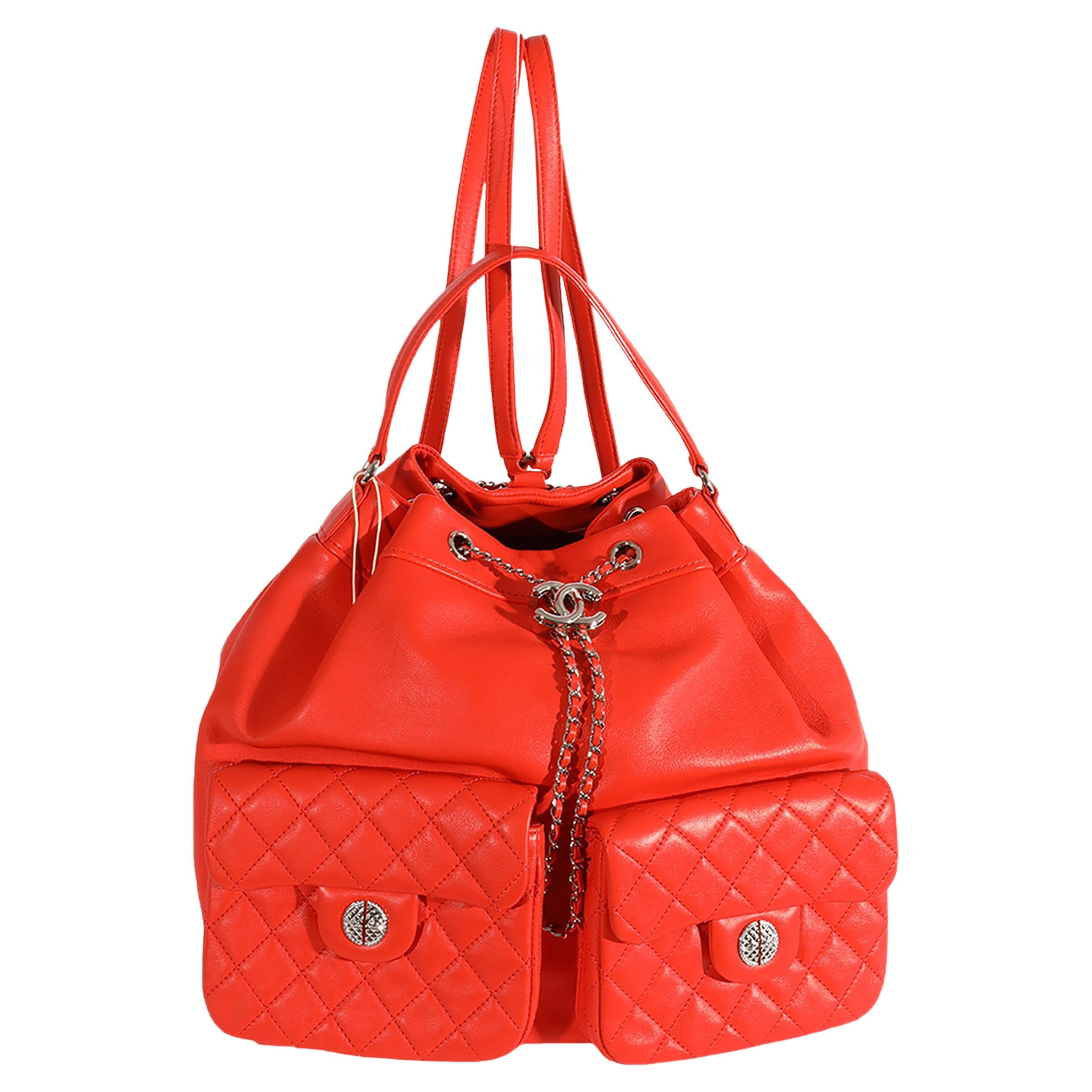 Chanel Coral Calfskin Double Pocket Drawstring Backpack