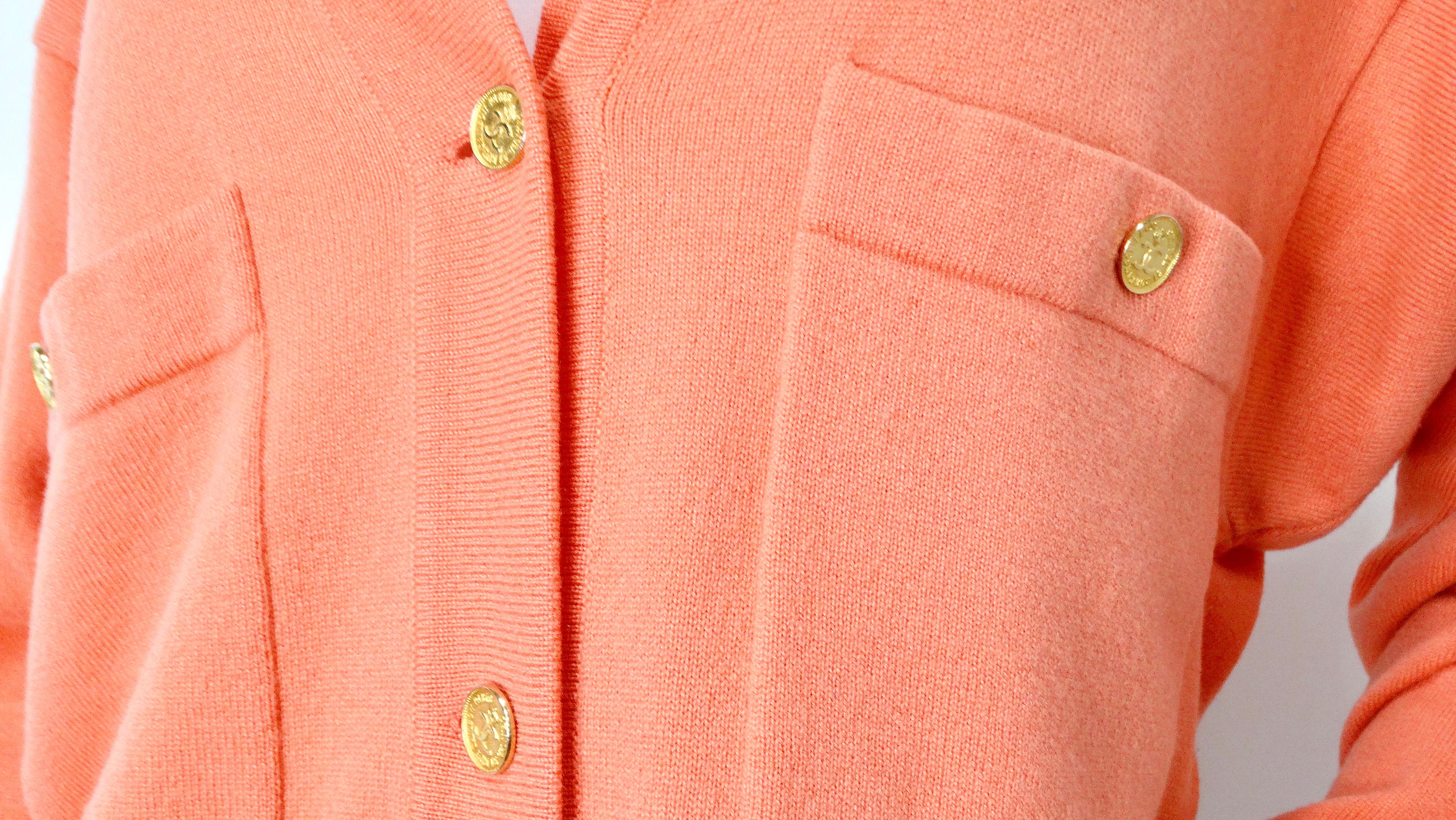 Orange Chanel Coral Cashmere Cardigan With Gold-Tone CC Buttons circa 1980s For Sale