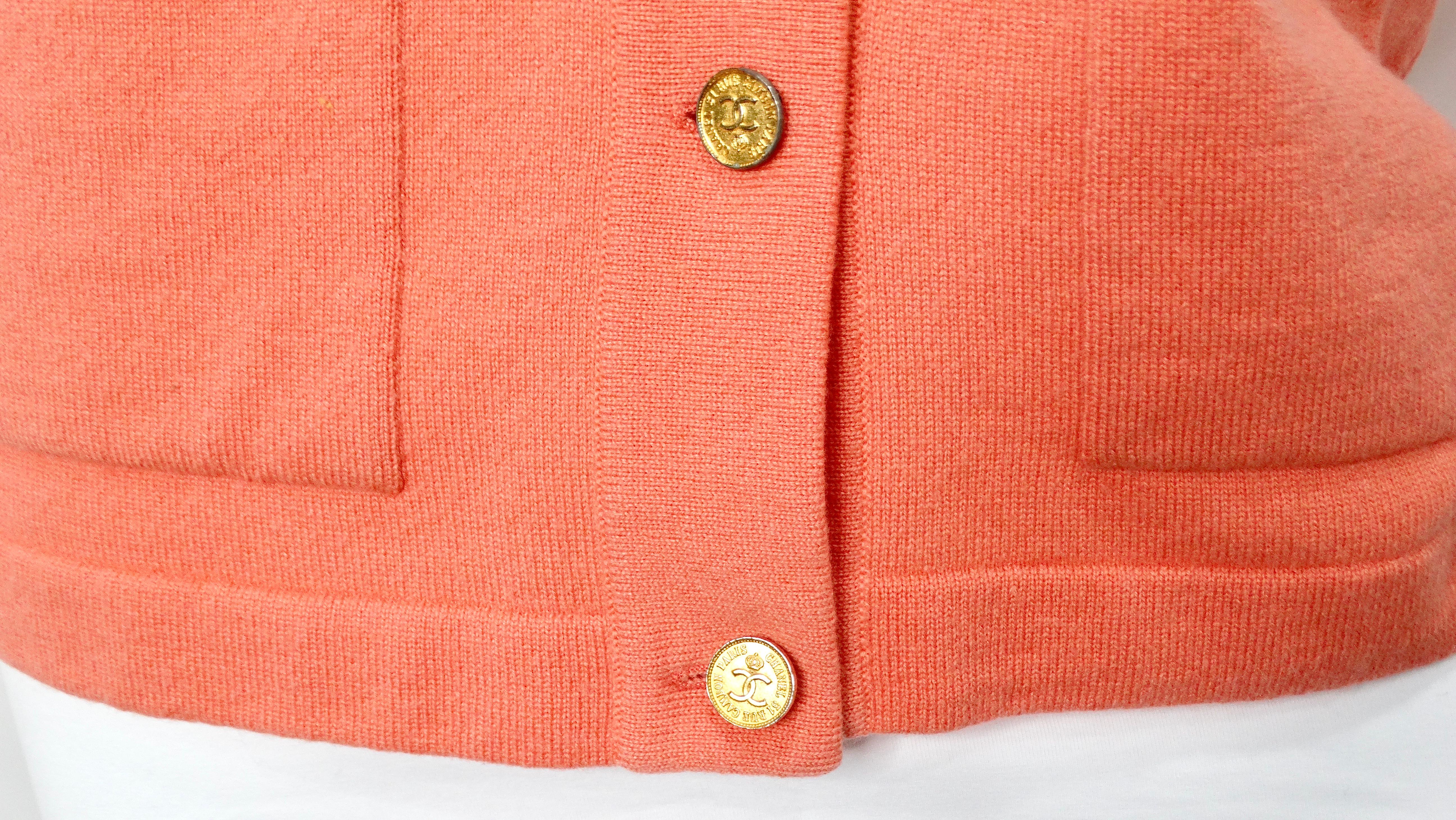Chanel Coral Cashmere Cardigan With Gold-Tone CC Buttons circa 1980s In Good Condition For Sale In Scottsdale, AZ