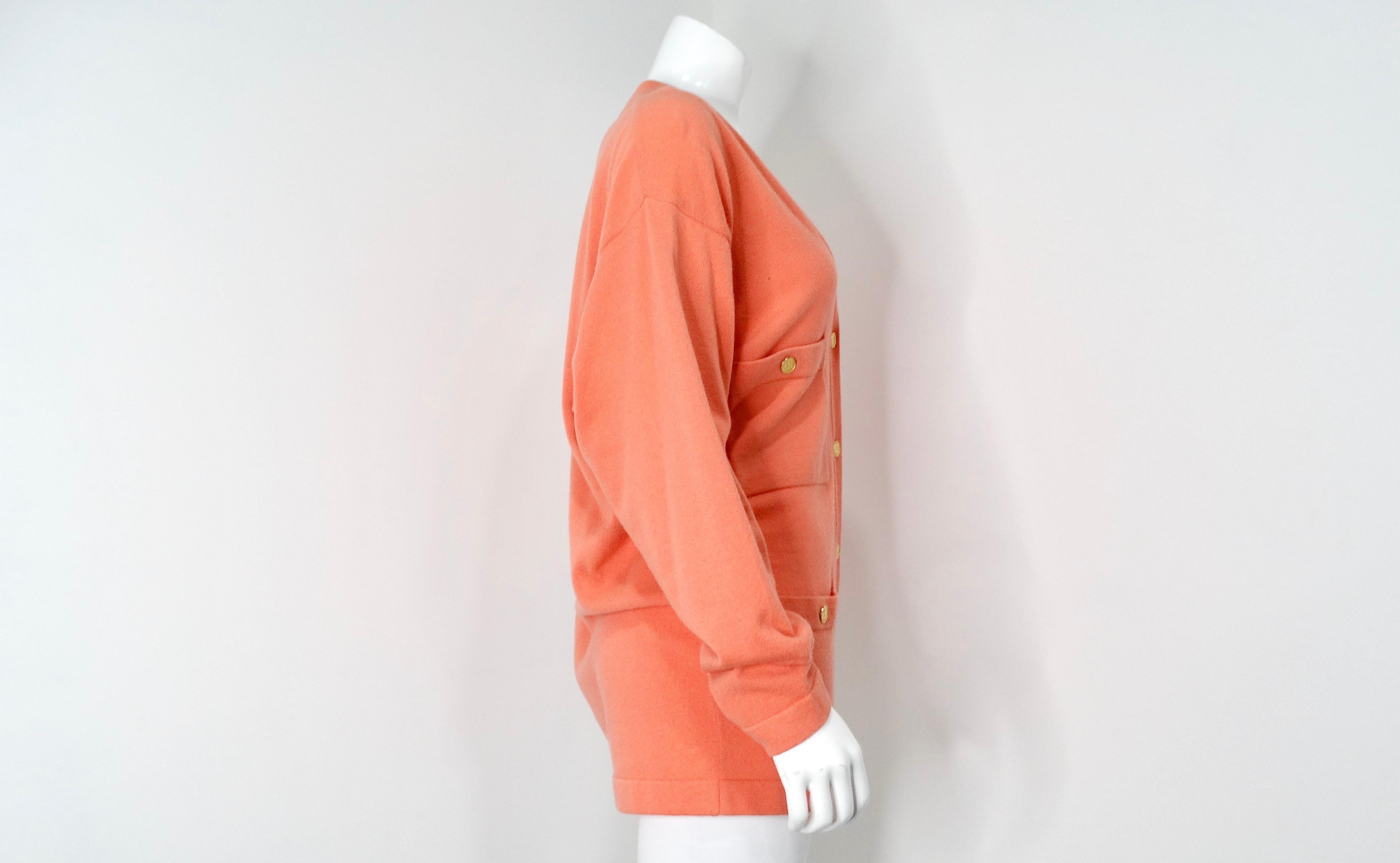 Chanel Coral Cashmere Cardigan With Gold-Tone CC Buttons circa 1980s For Sale 2