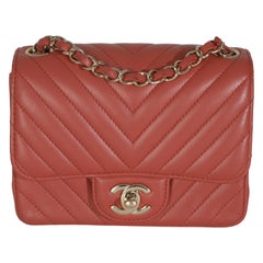Chanel Coral Chevron Calfskin Quilted Mini Square Flap Bag