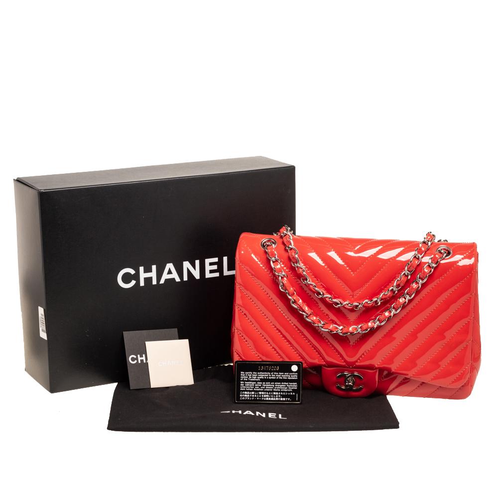Chanel Coral Chevron Patent Leather Jumbo Classic Flap Bag 6