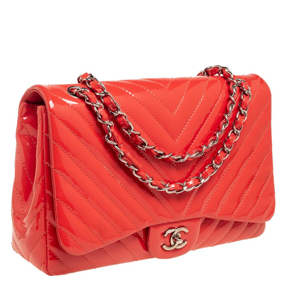 Red Chanel Coral Chevron Patent Leather Jumbo Classic Flap Bag
