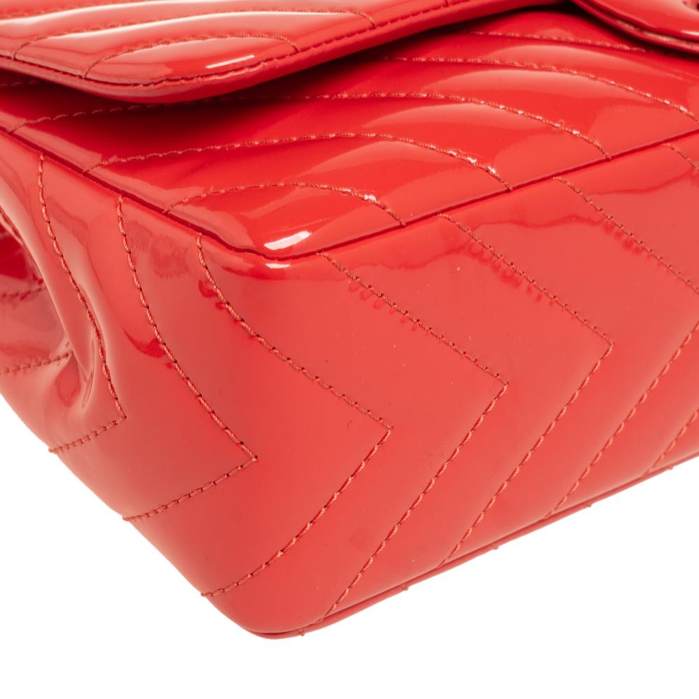 Women's Chanel Coral Chevron Patent Leather Jumbo Classic Flap Bag