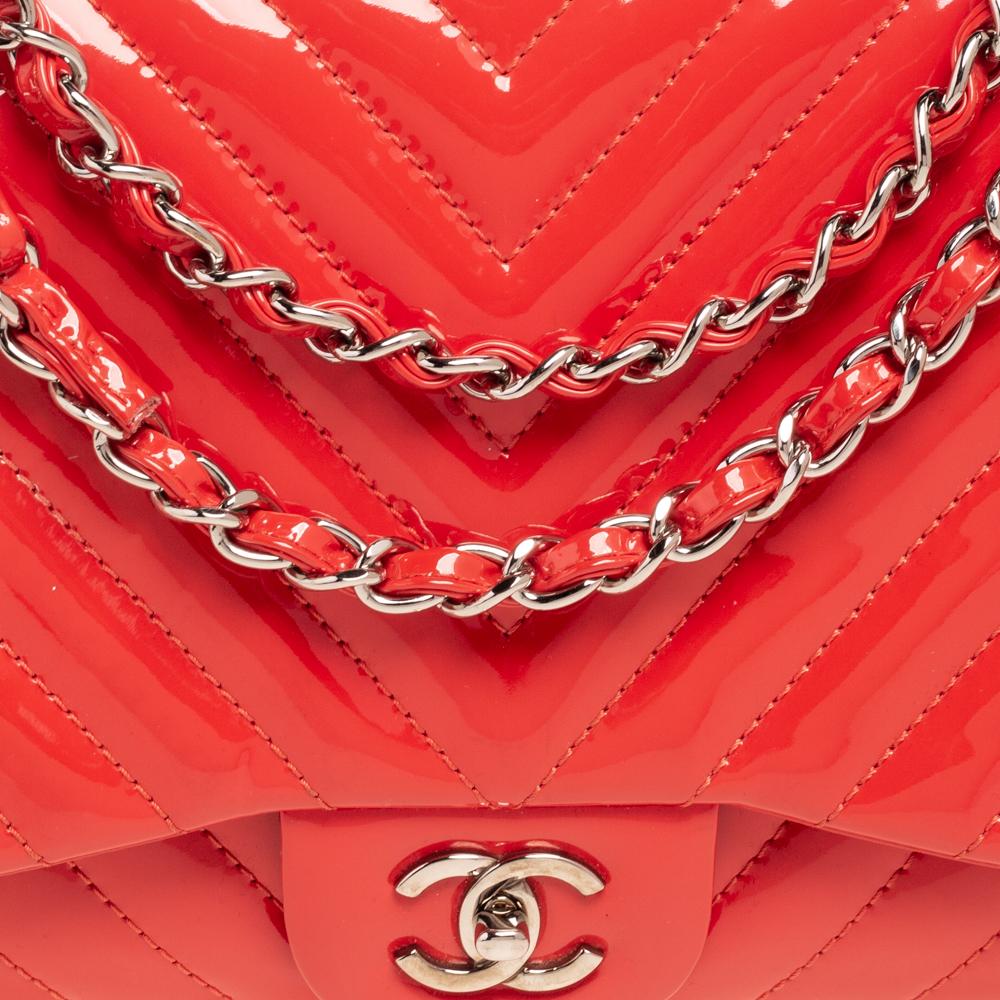 Chanel Coral Chevron Patent Leather Jumbo Classic Flap Bag 3