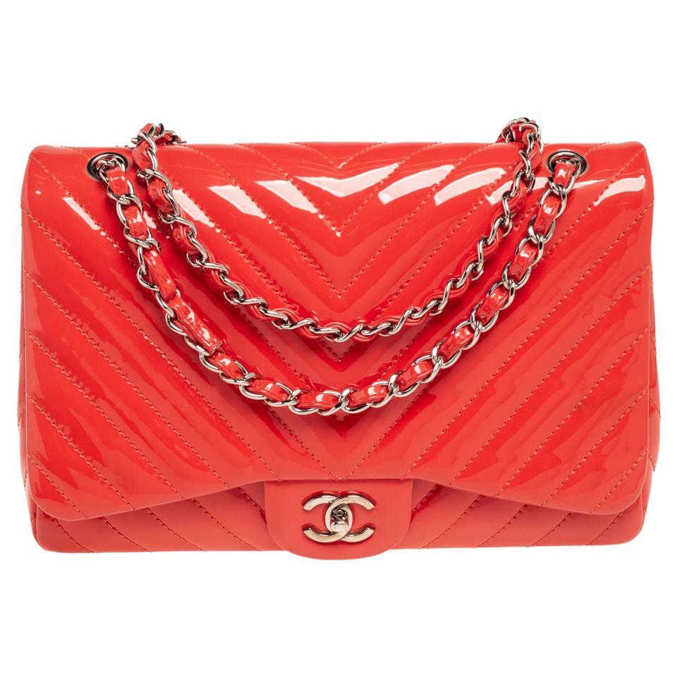 Chanel Coral Chevron Patent Leather Jumbo Classic Flap Bag