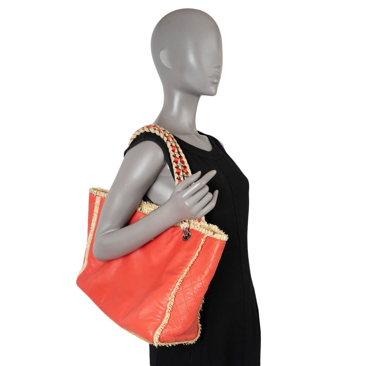 CHANEL coral leather & raffia TWEEDY Shopping Tote Bag For Sale 8