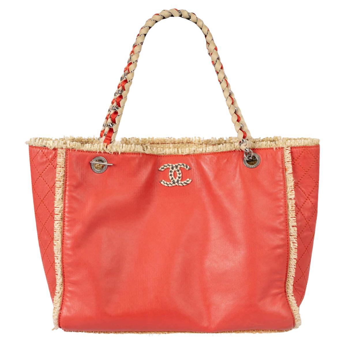 CHANEL coral leather & raffia TWEEDY Shopping Tote Bag For Sale