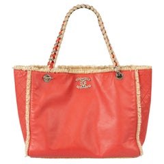 CHANEL coral leather & raffia TWEEDY Shopping Tote Bag