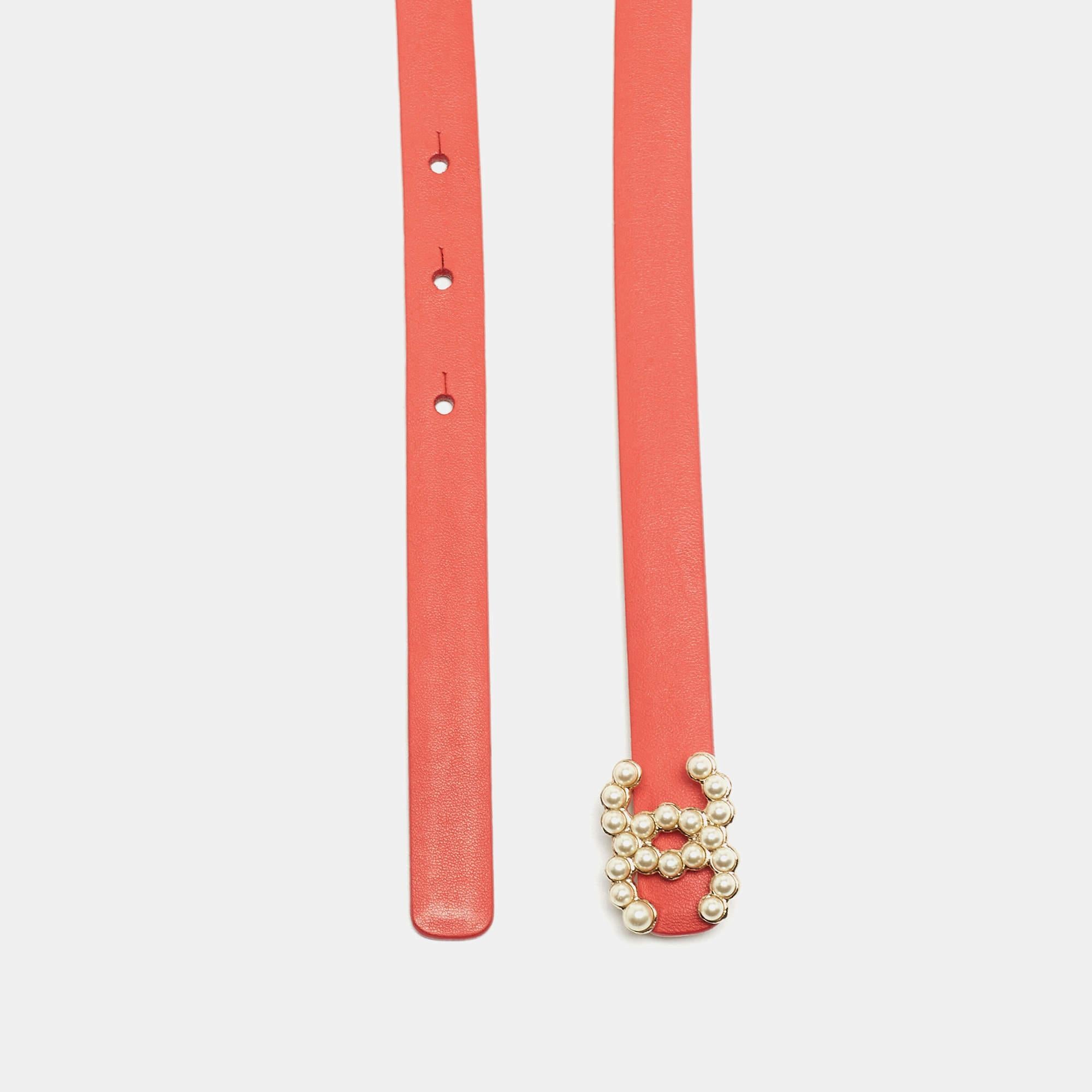 Chanel Coral Orange Leather CC Pearl Detail Belt 85CM 3
