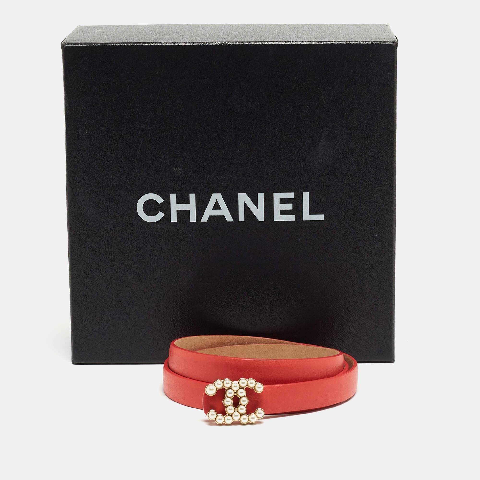 Chanel Coral Orange Leather CC Pearl Detail Belt 85CM 4