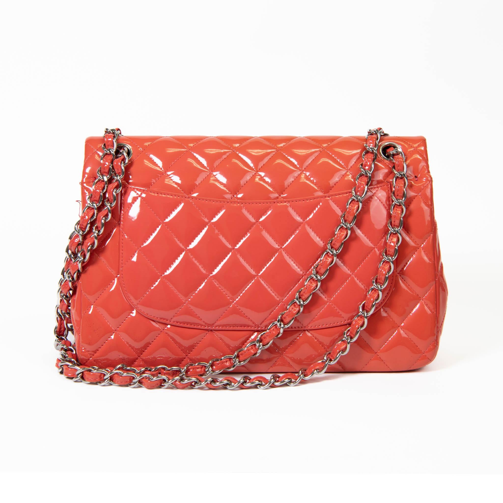 Red Chanel Coral Orange Patent Leather Quilted Jumbo Double Flap