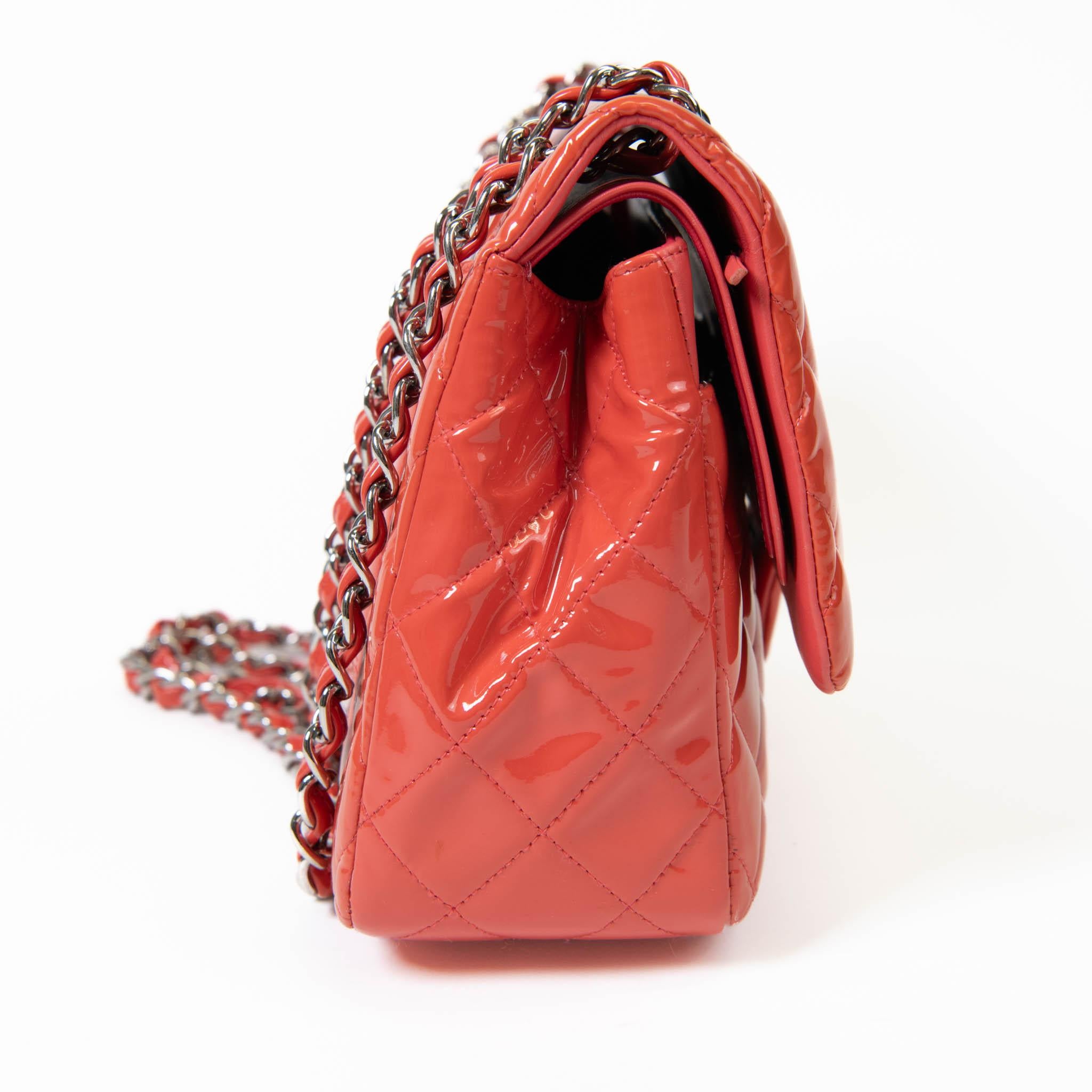 Chanel Coral Orange Patent Leather Quilted Jumbo Double Flap In Excellent Condition In Corona Del Mar, CA