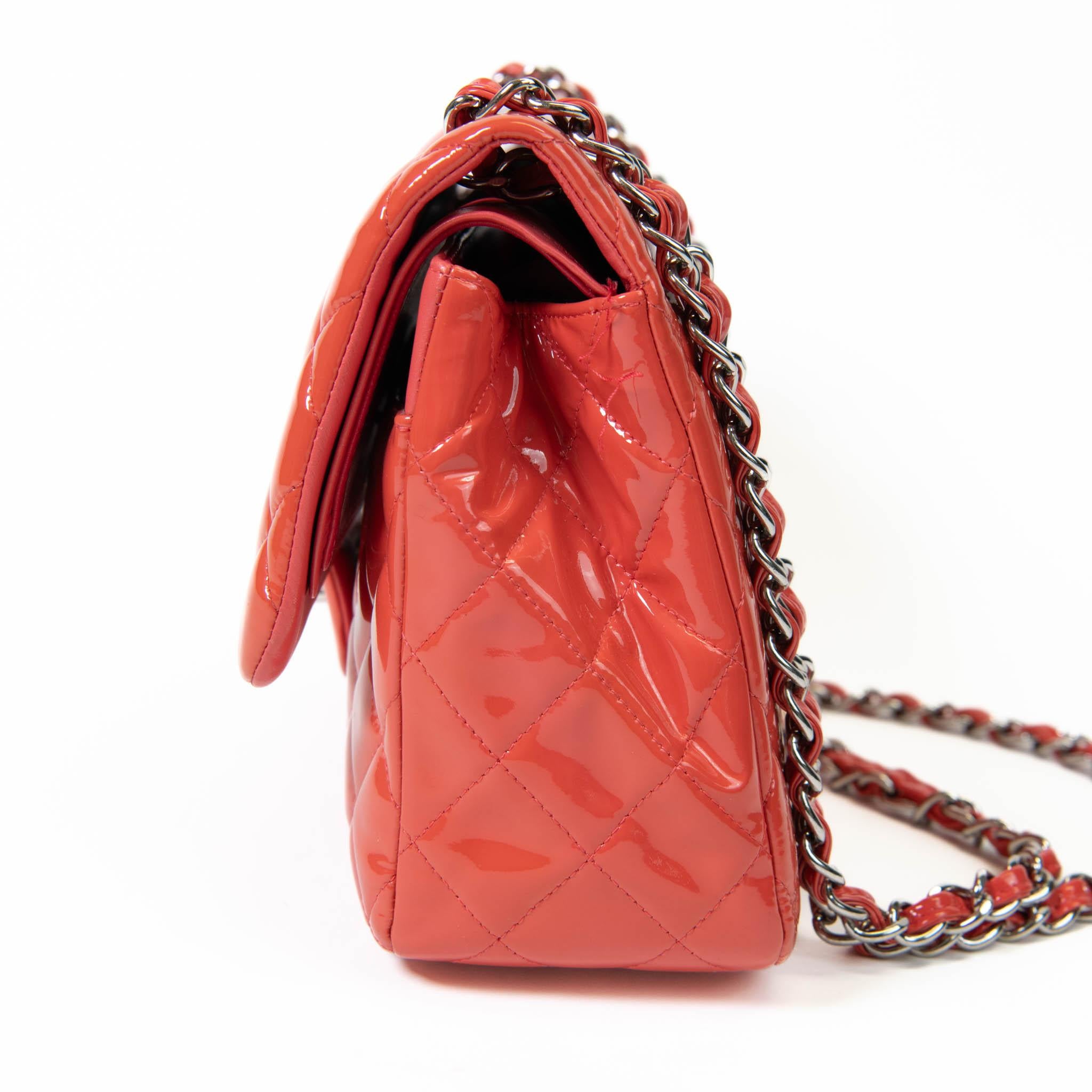 Women's or Men's Chanel Coral Orange Patent Leather Quilted Jumbo Double Flap