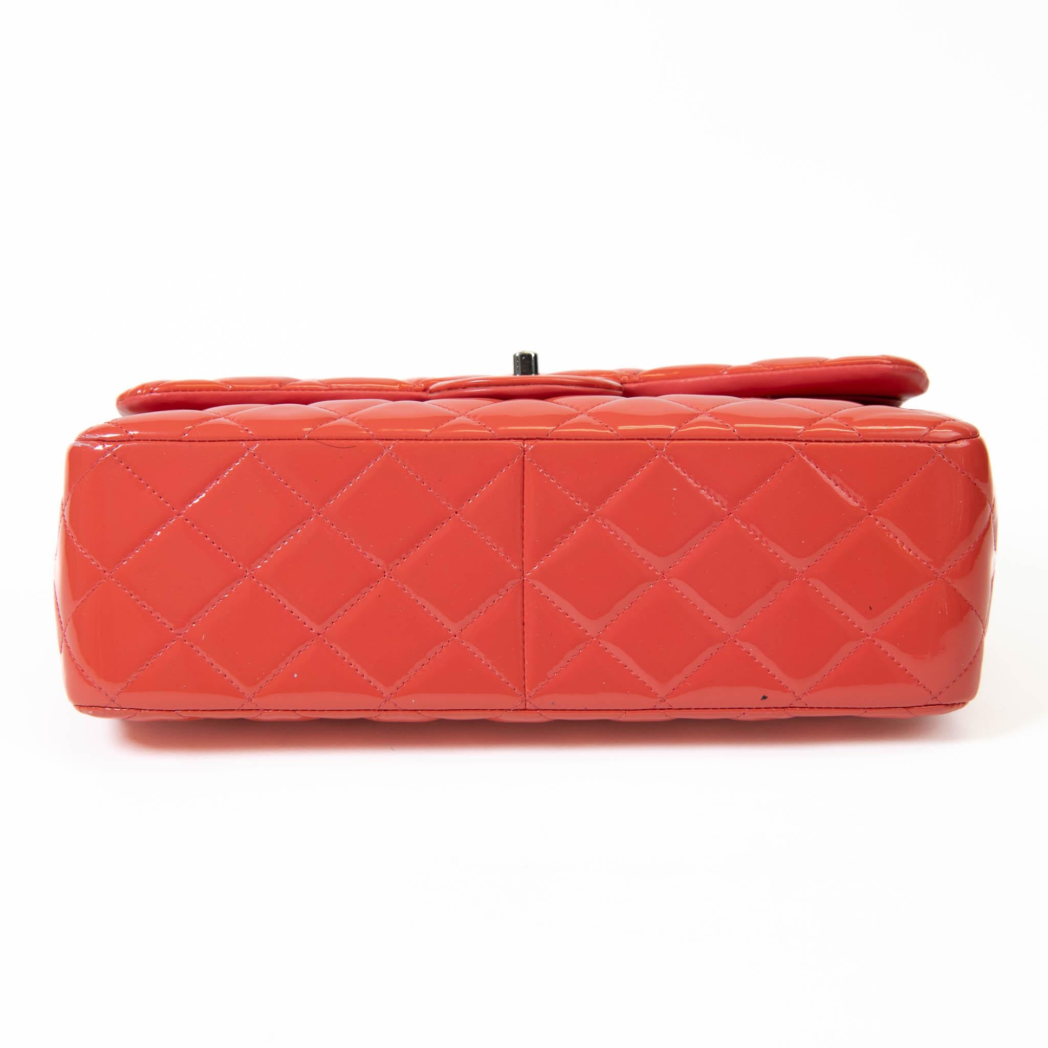 Chanel Coral Orange Patent Leather Quilted Jumbo Double Flap 1