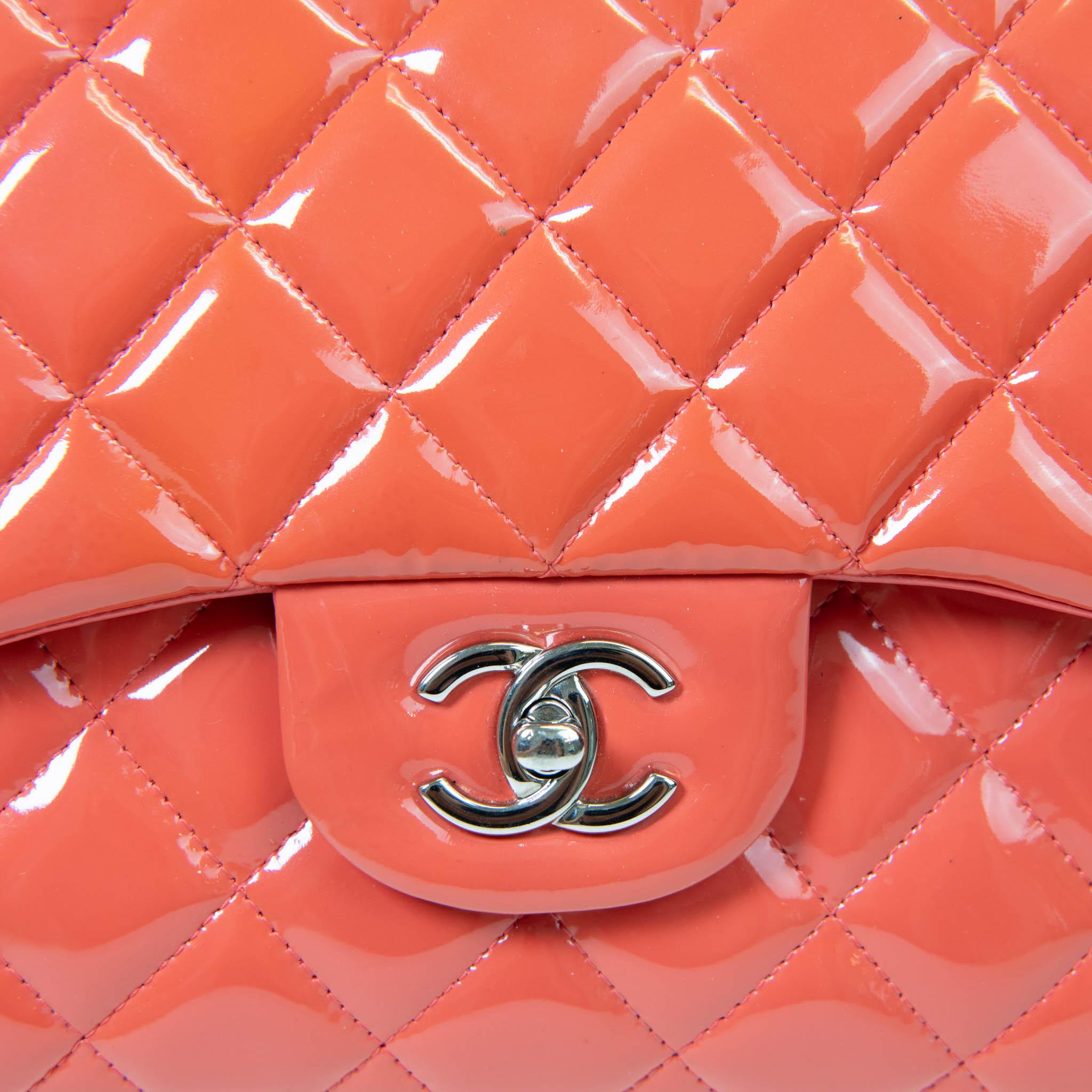 Chanel Coral Orange Patent Leather Quilted Jumbo Double Flap 2