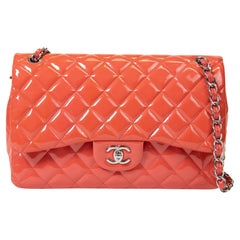 Chanel Coral Orange Patent Leather Quilted Jumbo Double Flap
