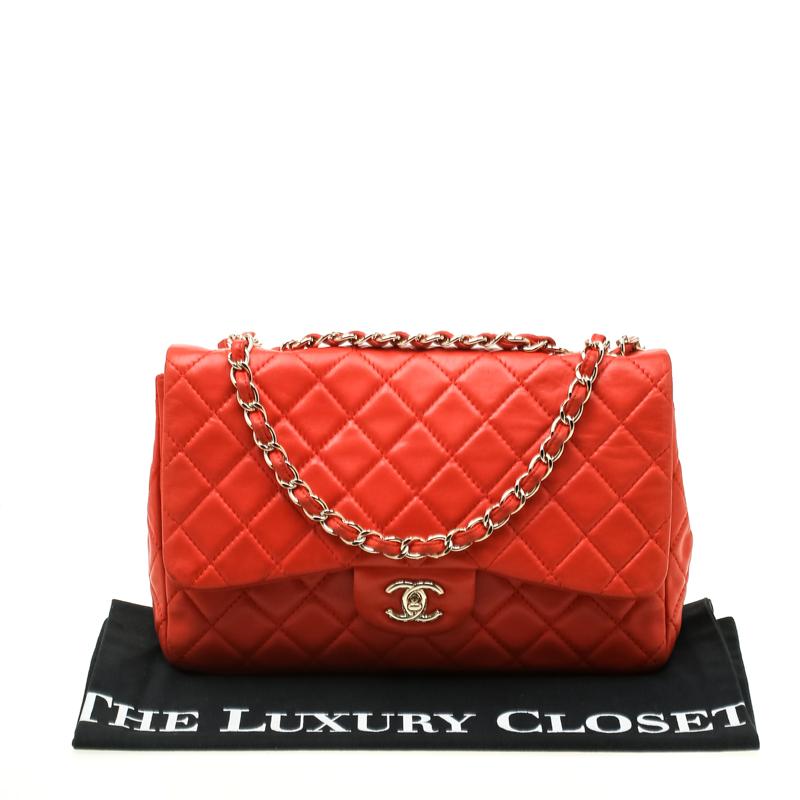 Chanel Coral Orange Quilted Leather Jumbo Classic Single Flap Bag 7