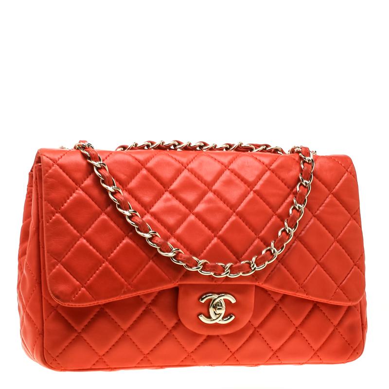 Chanel Coral Orange Quilted Leather Jumbo Classic Single Flap Bag In Good Condition In Dubai, Al Qouz 2