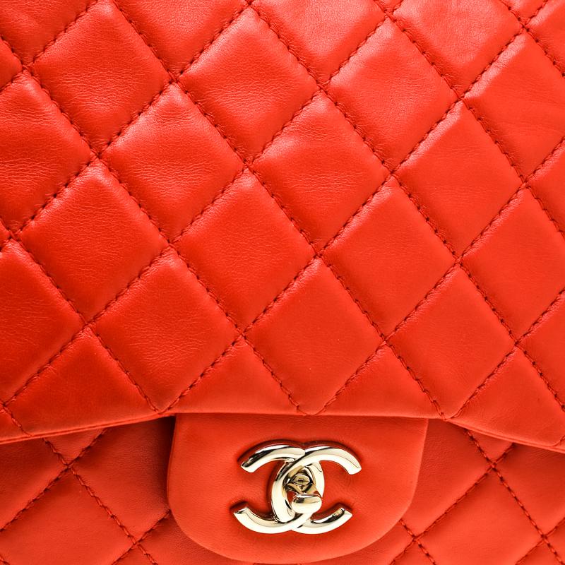 Chanel Coral Orange Quilted Leather Jumbo Classic Single Flap Bag 2