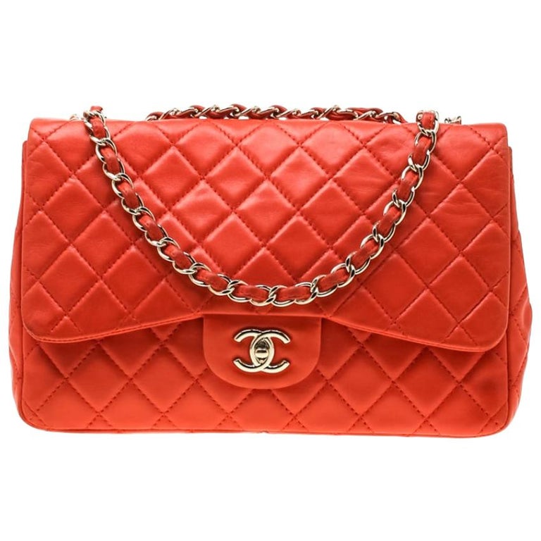 Chanel Coral Orange Quilted Leather Jumbo Classic Single Flap Bag For ...