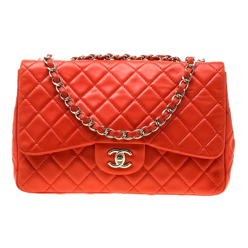 Chanel Coral Orange Quilted Leather Jumbo Classic Single Flap Bag