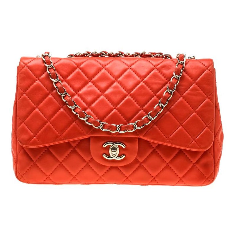 Chanel Coral Orange Quilted Leather Jumbo Classic Single Flap Bag For ...