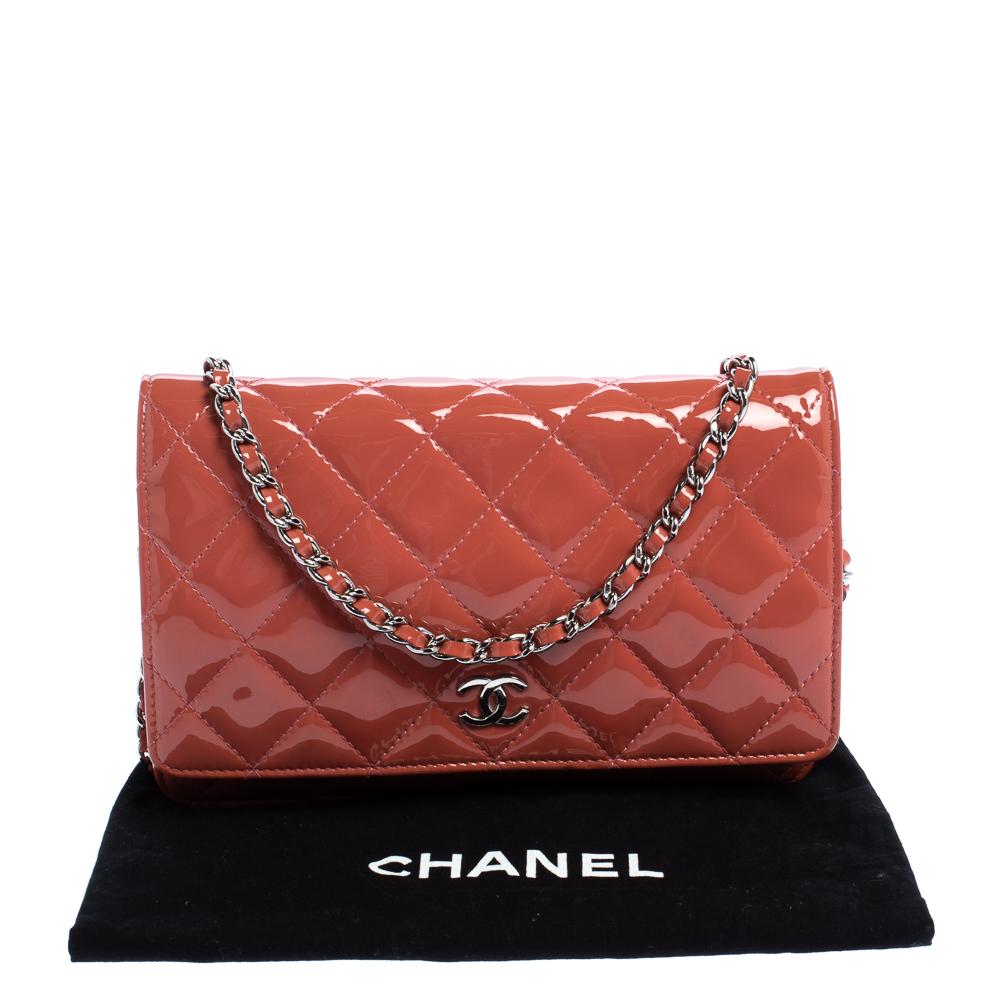 Chanel Coral Orange Quilted Patent Leather Classic Wallet on Chain 3