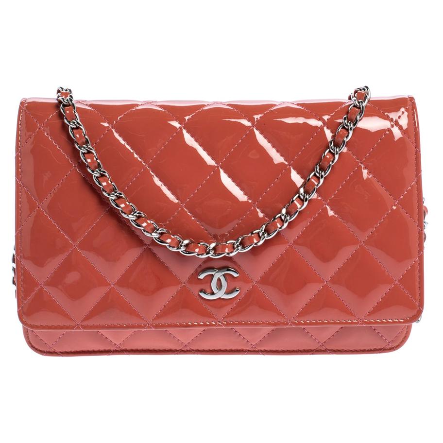 Chanel Coral Orange Quilted Patent Leather Classic Wallet on Chain