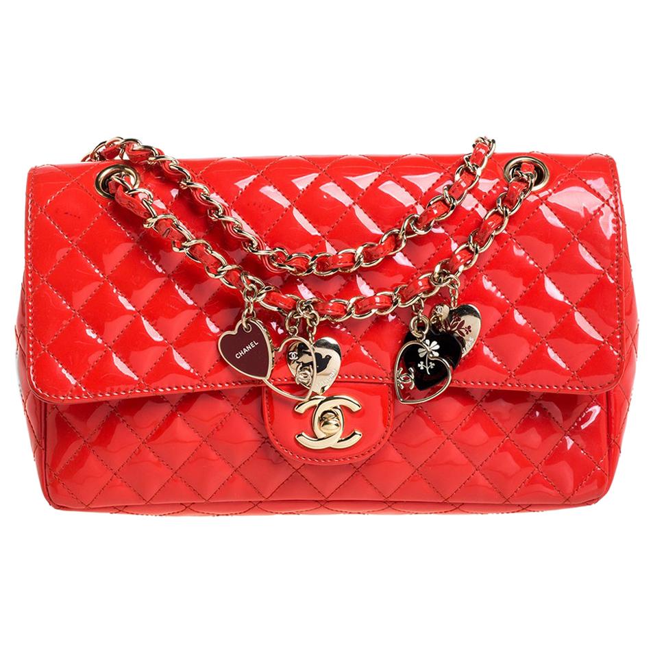 Chanel Coral Orange Quilted Patent Leather Valentine Charm Single Flap Bag