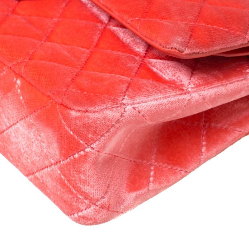 Chanel Coral Orange Quilted Velvet Medium Classic Double Flap Bag 5