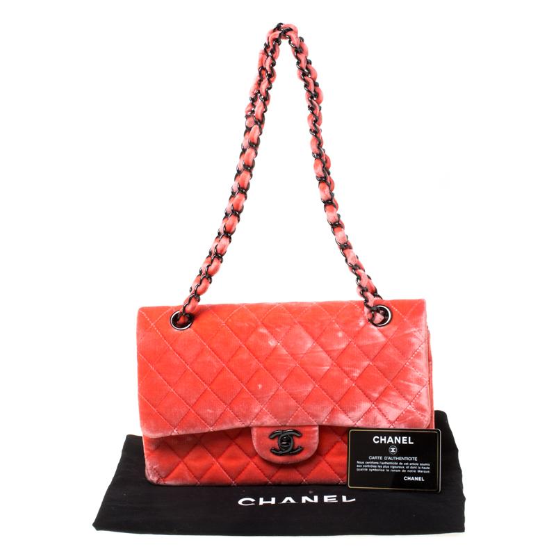 Chanel Coral Orange Quilted Velvet Medium Classic Double Flap Bag 7