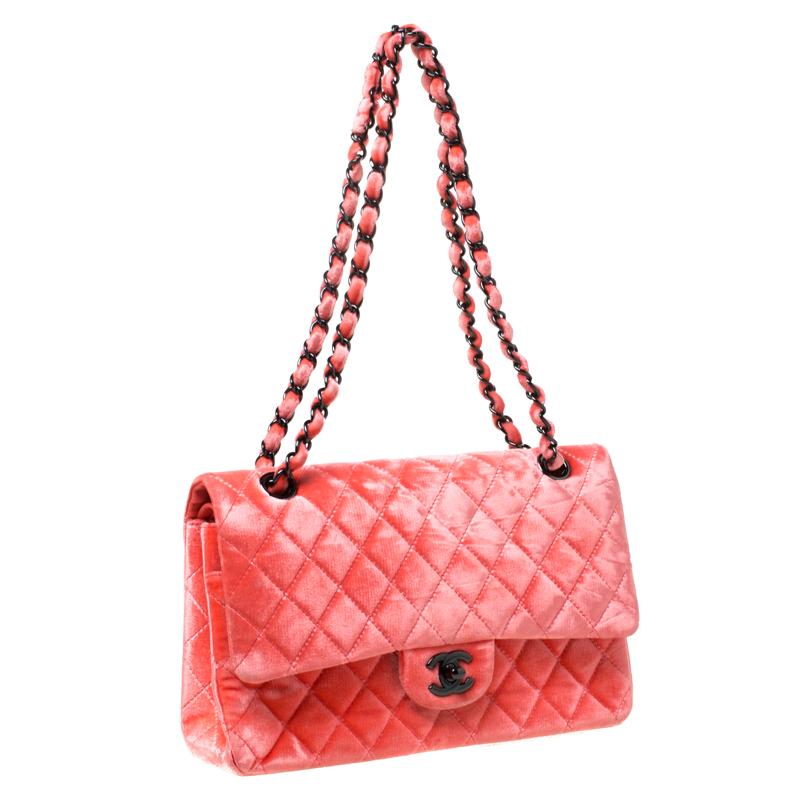 Chanel Coral Orange Quilted Velvet Medium Classic Double Flap Bag In Excellent Condition In Dubai, Al Qouz 2