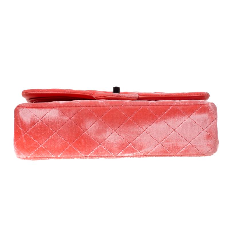 Women's Chanel Coral Orange Quilted Velvet Medium Classic Double Flap Bag